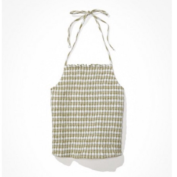 American Eagle Green Gingham Smocked Halter Top - Picture 1 of 3